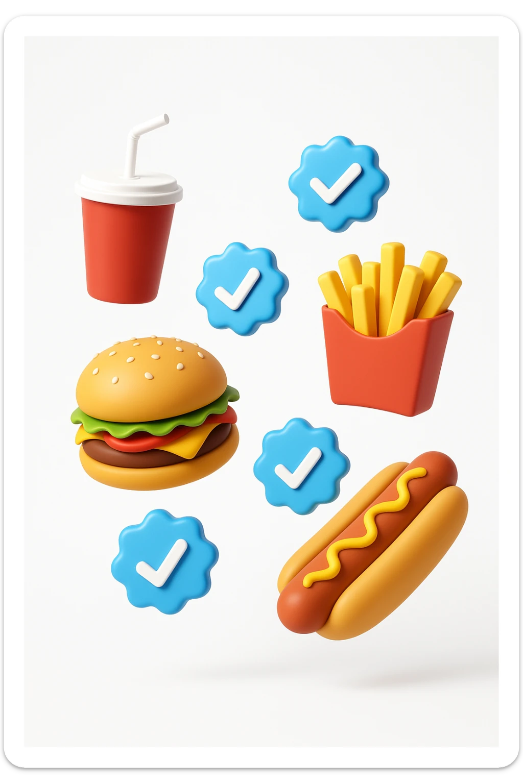 fast food fluttua in aria insieme a spunte di verificato in 3d, sfondo bianco sticker