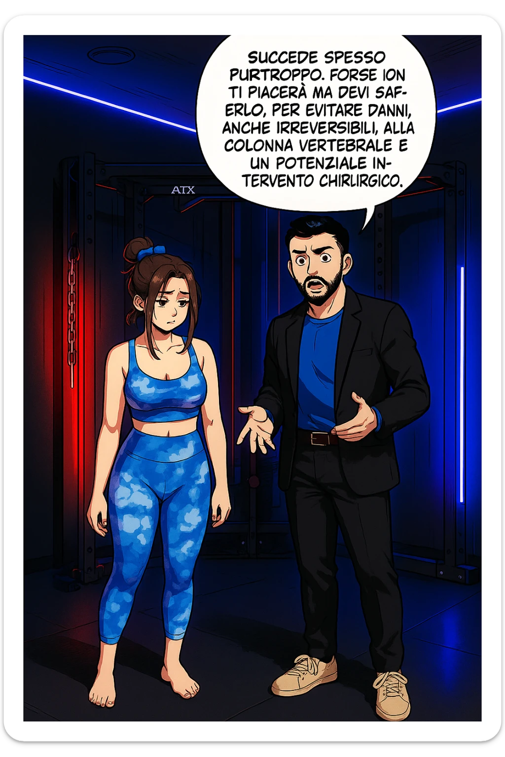 fai questa immagine in versione manga/webtoon a colori, il manga mostra l'uomo che risponde alla donne:
Succede spesso purtroppo. 
Forse non ti piacerà ma devi saperlo, per evitare danni, anche irreversibili, alla colonna vertebrale e un potenziale intervento chirurgico. sticker