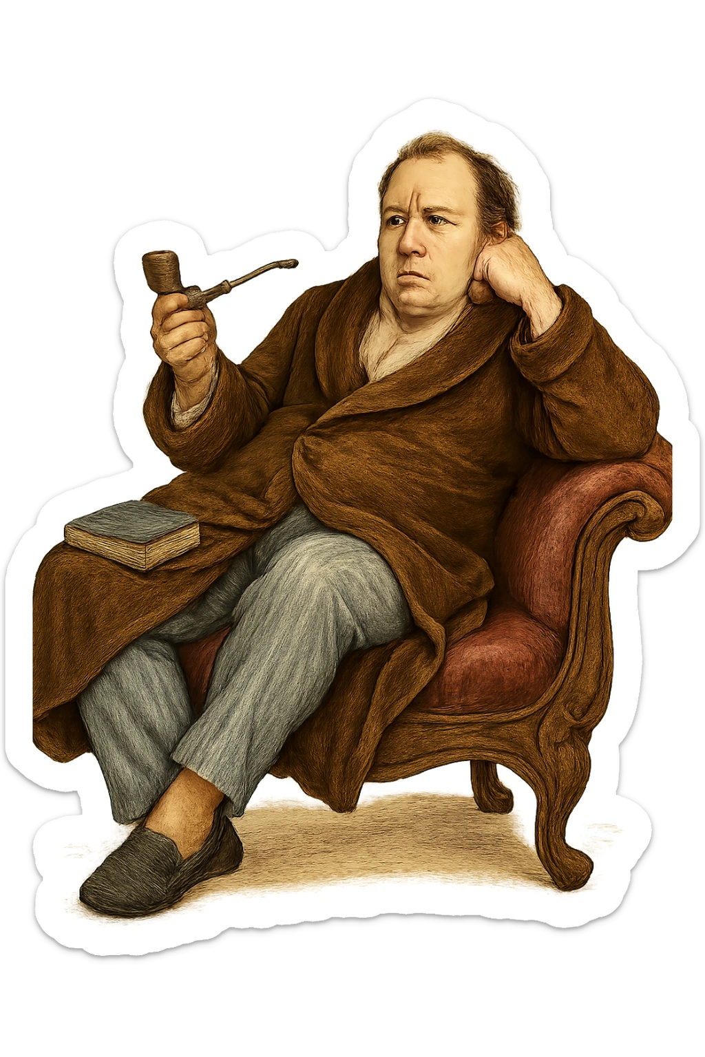 Герой Обломова в слегка рисованном, но при этом реалистичном и объемный стиле,  со слегка растерянным видом в дорогом халате развалился на дорогой кушетке 19 века, прозрачный фон sticker