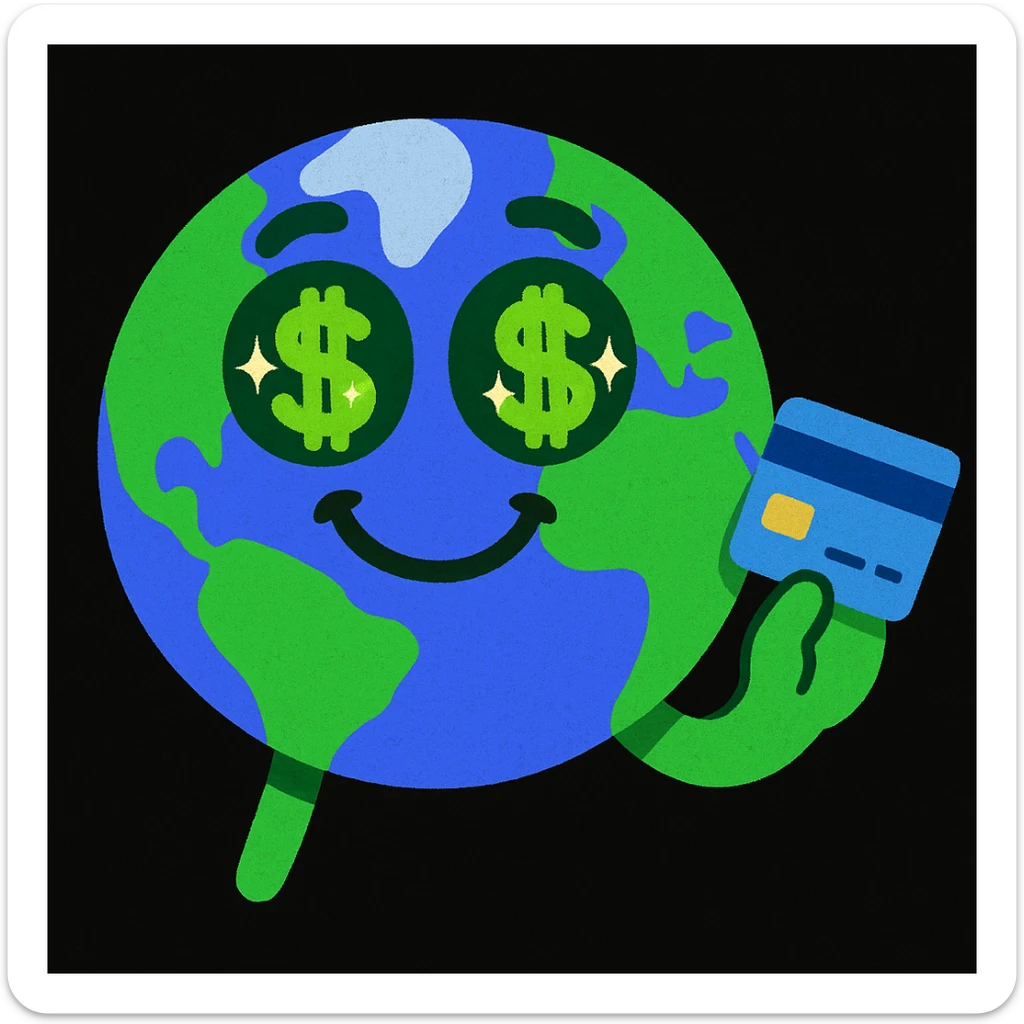 Make the earth character more catchy and cute with big sparkling cash eyes and a happy expression. Add a hand holding a bank card. Keep the style playful and appealing, similar to the original image style. sticker