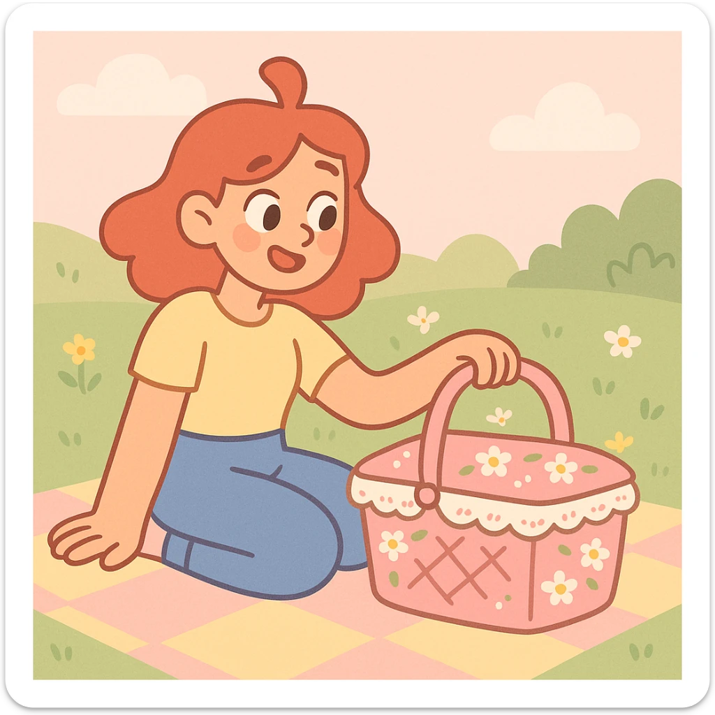 pink cottagecore picnic basket with lace and flowers, gentle pastel tones, cozy and inviting sticker