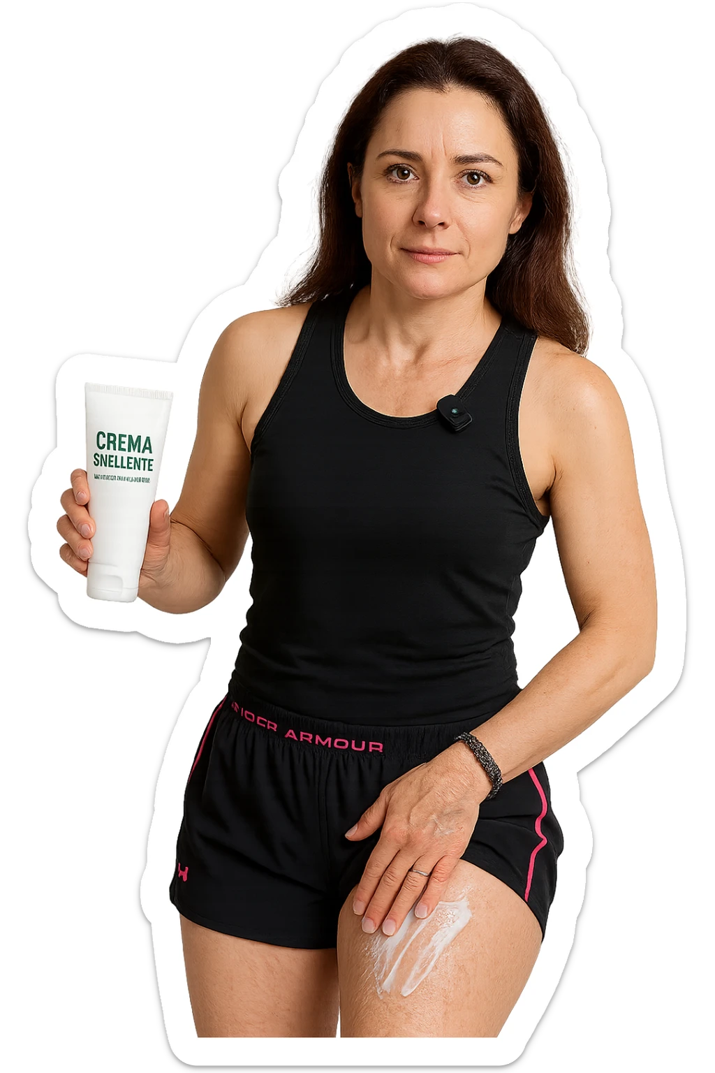 Donna con cellulite sulle cosce che usa una crema chiamata "Crema snellente" senza mano in alto sticker