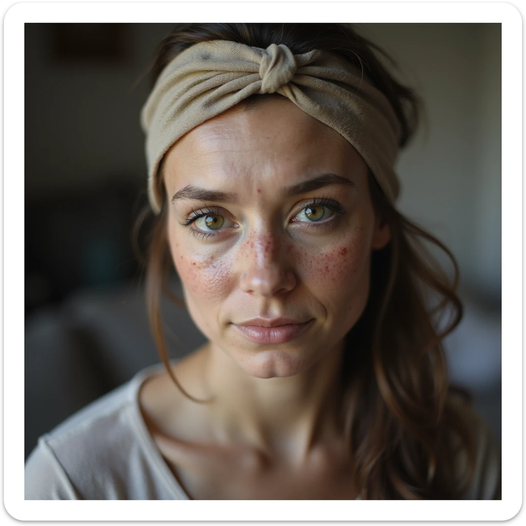 hyperrealistic 4K image of a woman with PCOS wearing a headband or scarf to cover thinning areas, face with acne, teary eyes, thinning hair, domestic environment sticker