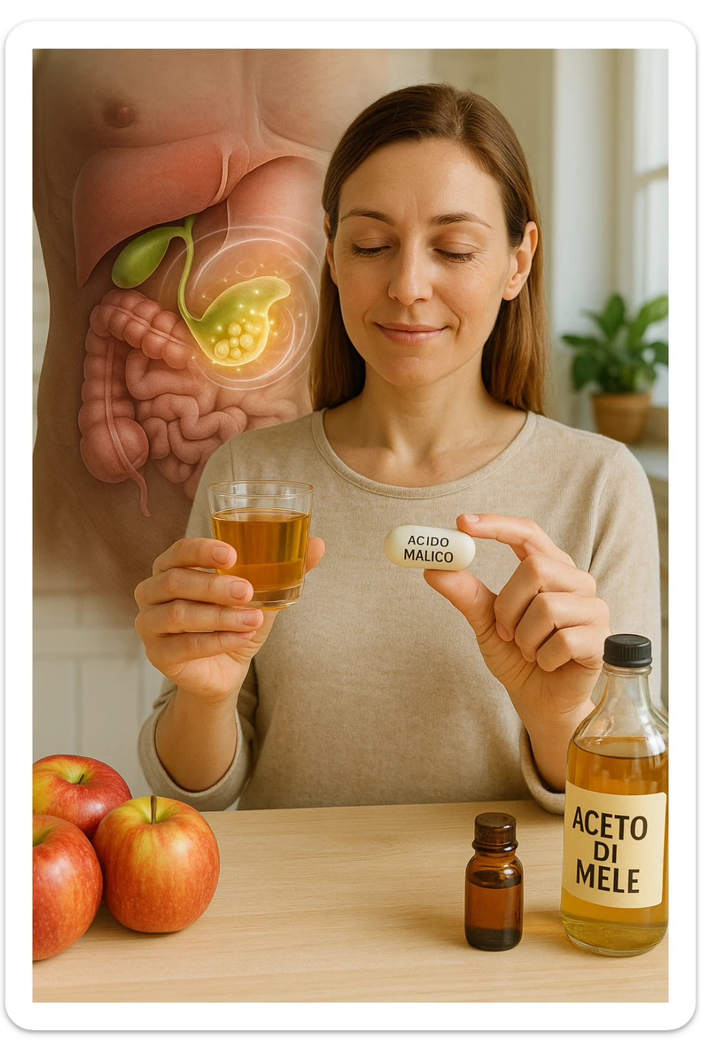 A detailed, realistic illustration or photo-style image showing a person holding a small glass of apple cider vinegar in one hand and a capsule labeled ‘Acido Malico’ in the other. In the foreground or as an overlay, a semi-transparent anatomical view of the abdomen highlights the gallbladder with visible small gallstones inside. Around the gallstones, gentle glowing waves or soft dissolving effects symbolize the softening or breakdown of the stones due to the natural acids. The person looks hopeful and calm, in a bright kitchen setting with fresh apples and natural health products on the counter. The overall mood is informative, natural, and hopeful about non-invasive, natural support for gallstone health in italiano sticker