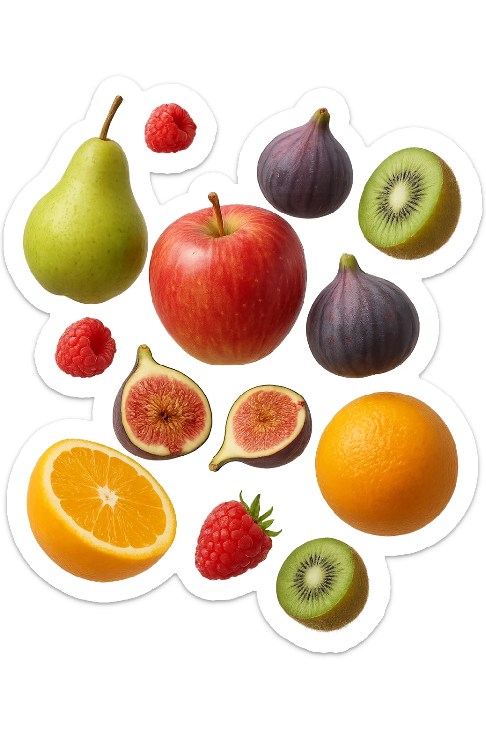 Pere, mele, lamponi, fichi, kiwi, arance FLUTTUANO IN ARIA, IPERREALISTICO 4K sticker