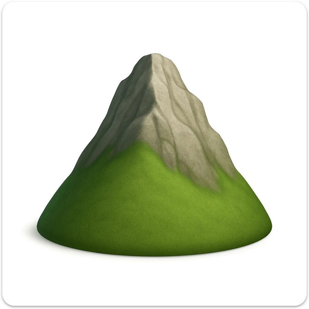 A 3D emoji in iOS emoji aesthetic style of a tall hill with a grassy green base and rocky upper peak, visible stone textures and uneven slopes, the top part made of rough gray rocks while the lower part is covered in lush green grass, sunlight creating soft shadows, realistic yet minimal Apple-style design, clean white background.
 sticker