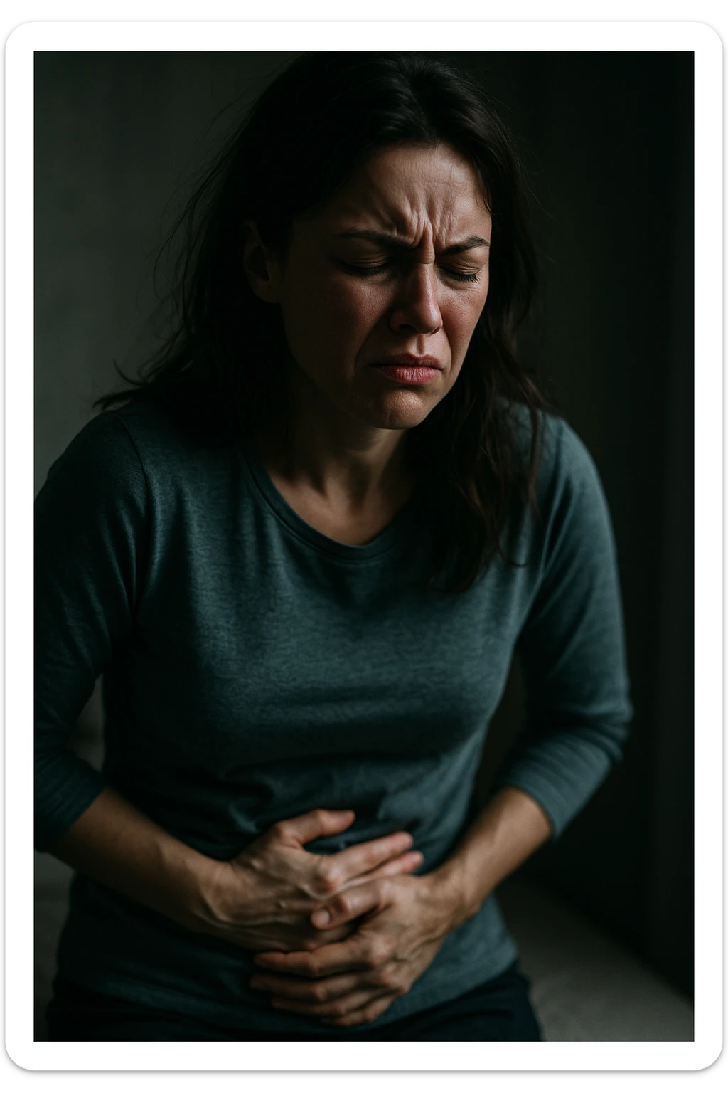 realistic and cinematic image of a woman with evident symptoms of premenstrual syndrome, severe abdominal cramps and irritability, suffering expression, clinical dramatic lighting, no text, vertical format 2:3 sticker