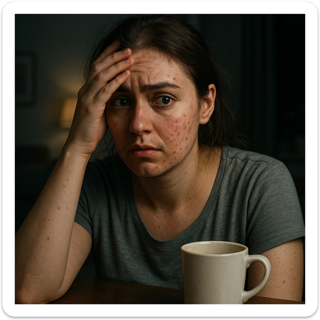 hyperrealistic 4K detailed image of a woman with PCOS and high cortisol, face with acne and chin hair, thinning hair, anxious expression, hand on forehead, empty coffee cup on the table, nighttime home environment sticker