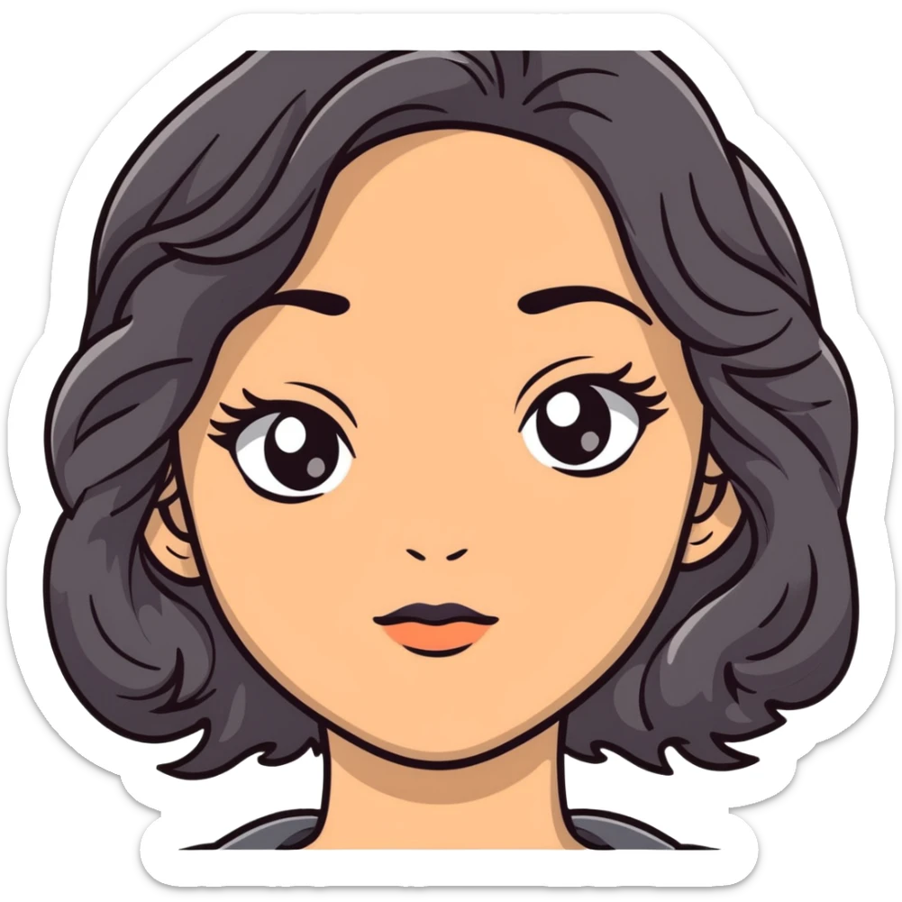 woman face with big grey eyes, medium skin tone, and black wavy hair sticker