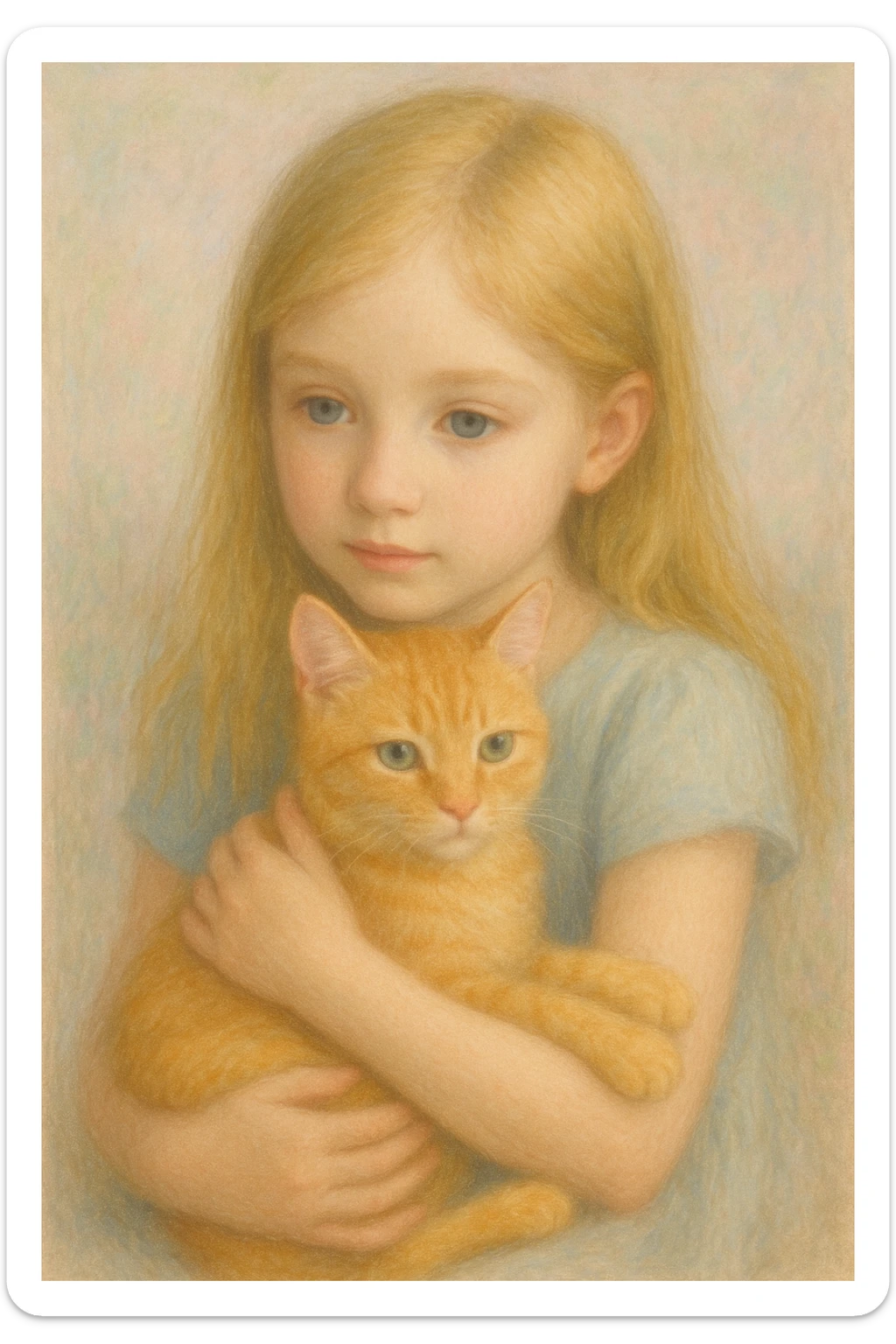 a blonde girl with blue eyes holding an orange tabby cat, soft pastel colors sticker