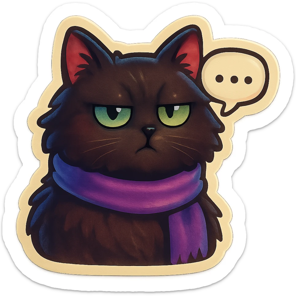 Fluffy dark-brown cat with green eyes and a purple scarf saying ‘…’ with a poker face (with a speech bubble) sticker