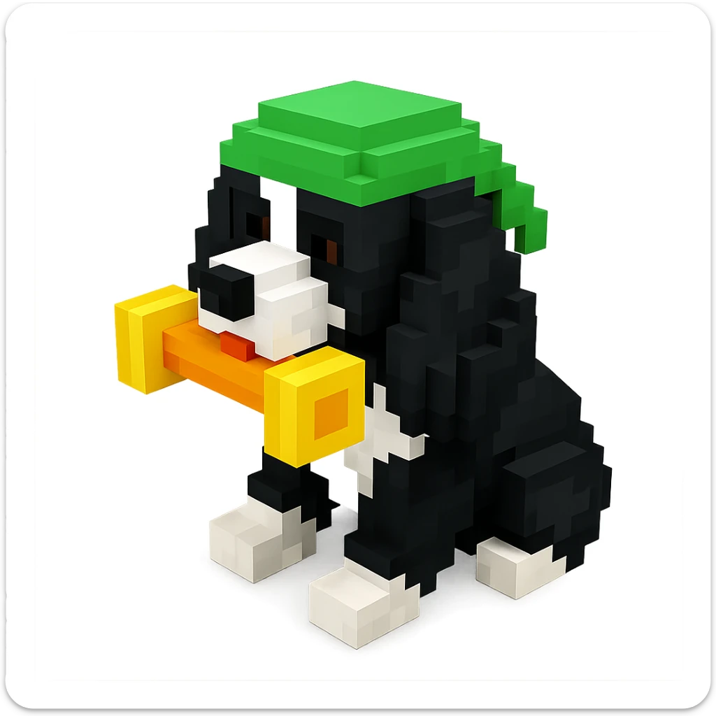 A black and white Russian Cocker Spaniel puppy wearing a green durag, voxel style, playing with a toy sticker