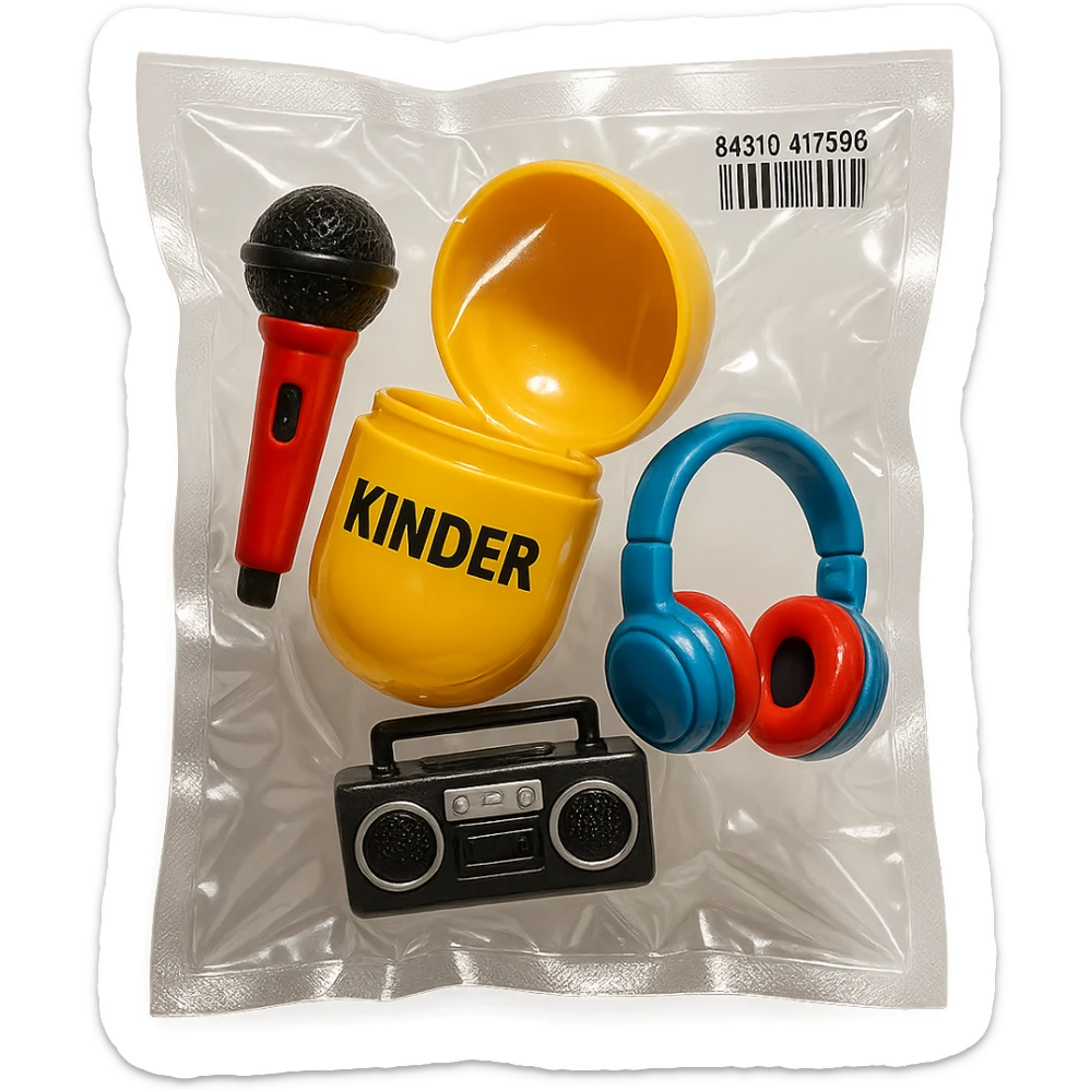 Kinder Surprise egg opened showing toys: microphone, boombox, headphones, shiny and inflated vacuum-sealed style sticker