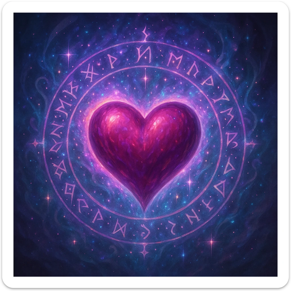 heart in a fantasy style, surrounded by mystical runes, ethereal colors, sparkling effects sticker