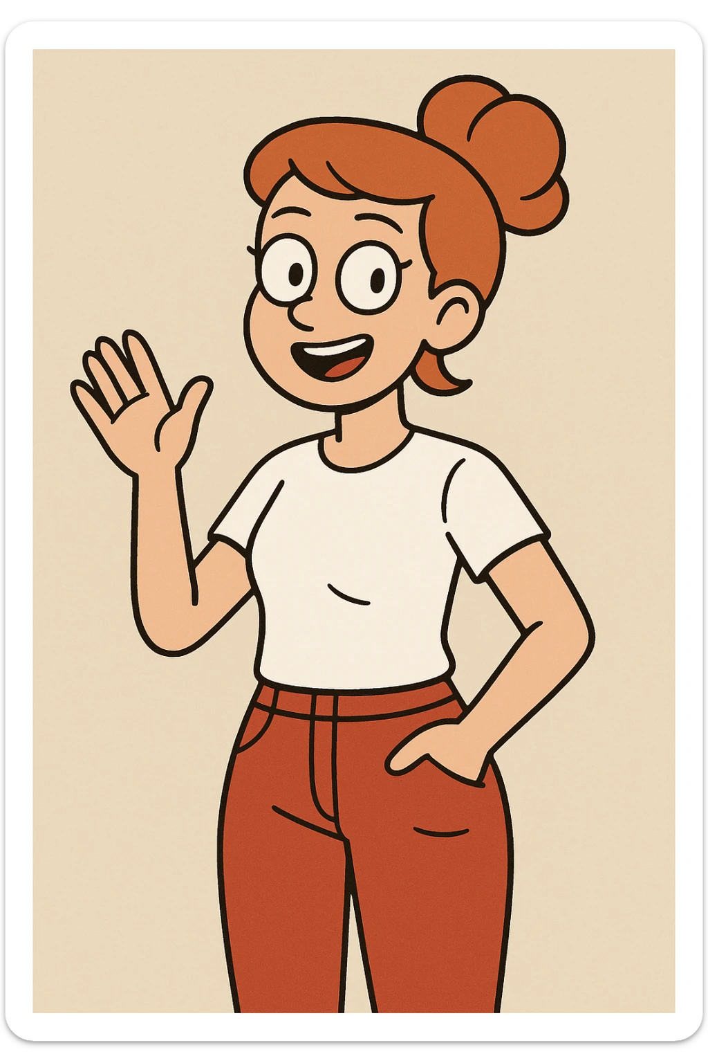 Girl dark orange hair bond hairstyle women's white t shirts pockets red trousers a hand hello  sticker