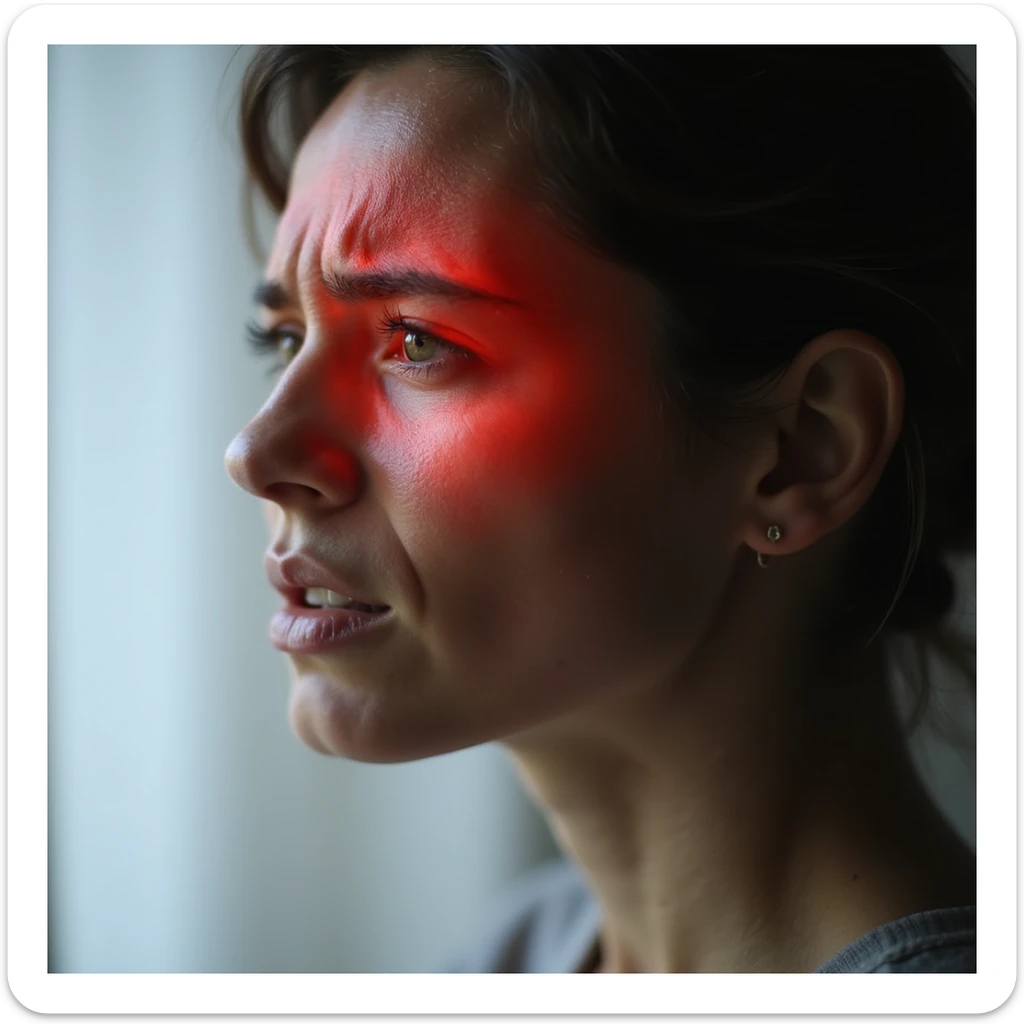 side close-up of a woman's head, temple area highlighted in red, intense pain expression, realistic style, light background sticker