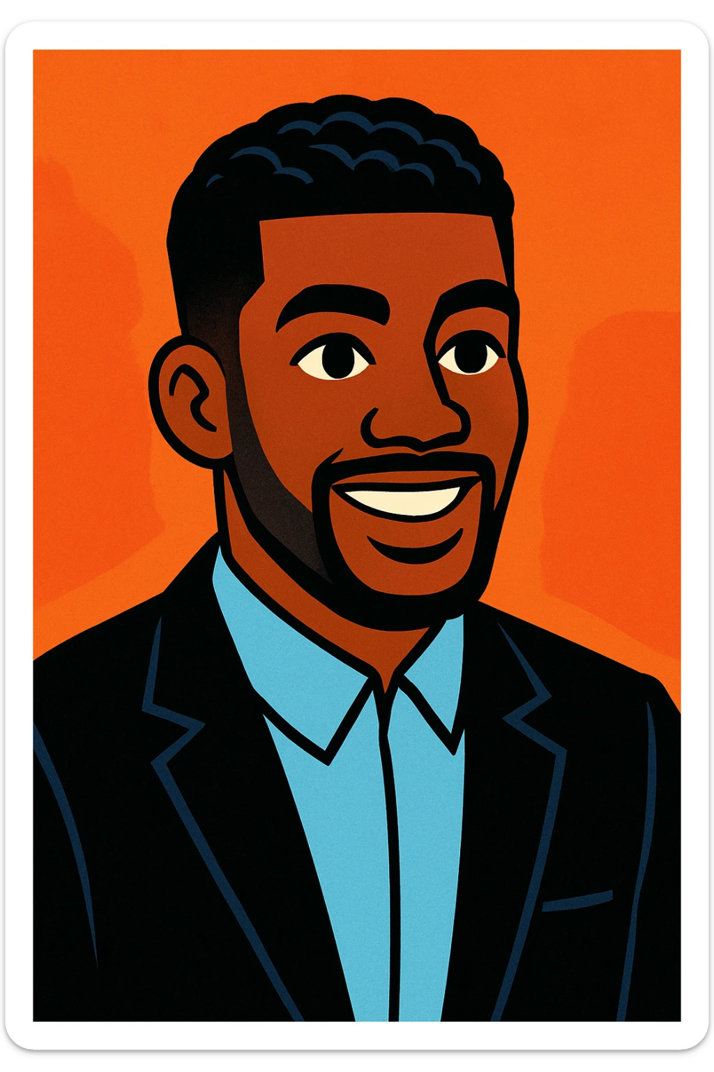 male Afro-American with neat haircut and wavy hair, dressed in black suit and light blue shirt, vibrant toon style sticker