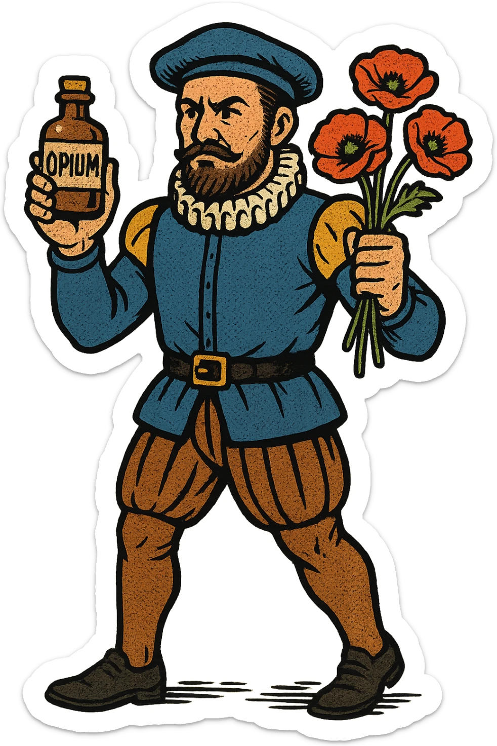 the full body of a tudor explorer sailor holding poppies and an old medicine bottle with the word opium on it sticker