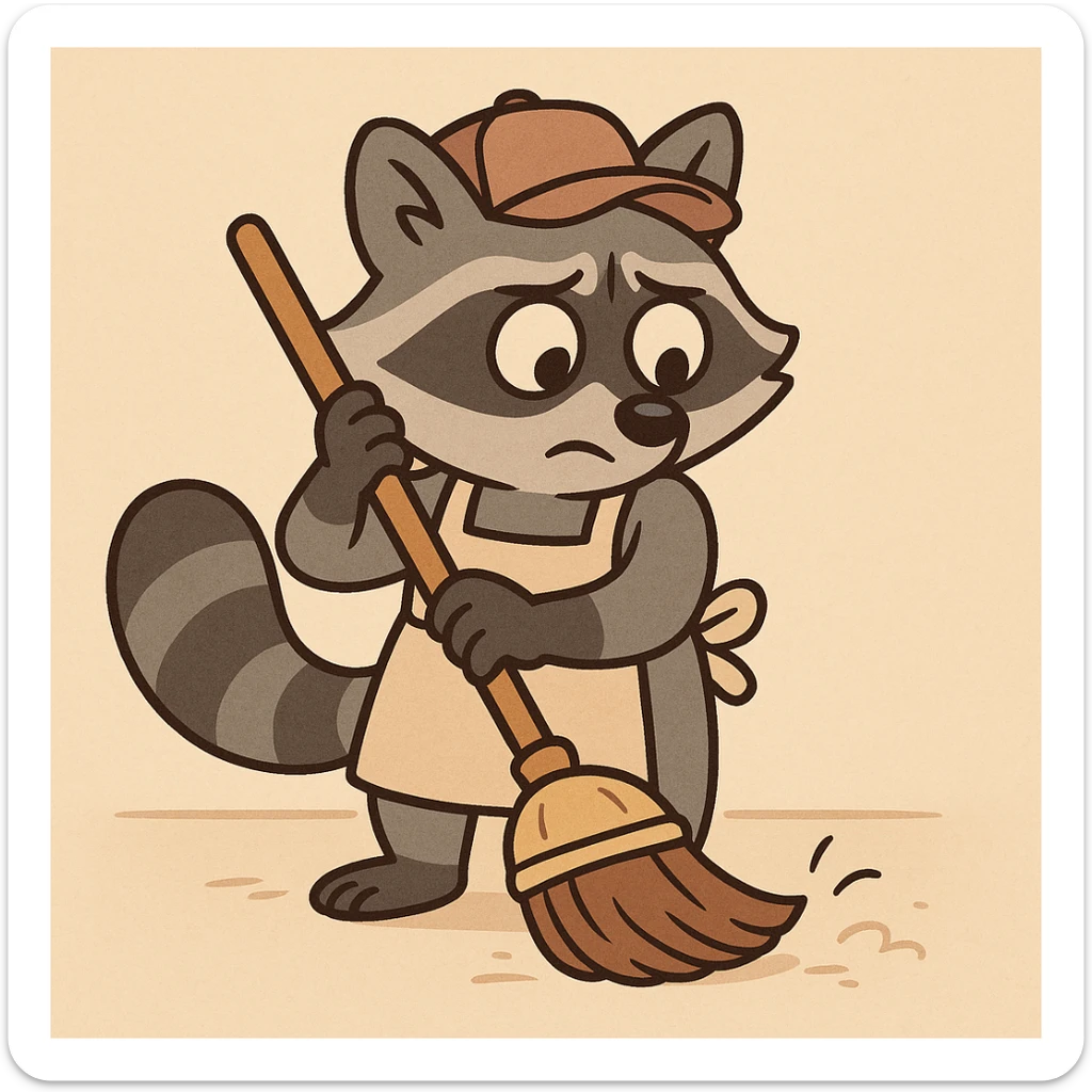 a raccoon sweeping the floor, wearing a cap and apron, cute and simple style sticker