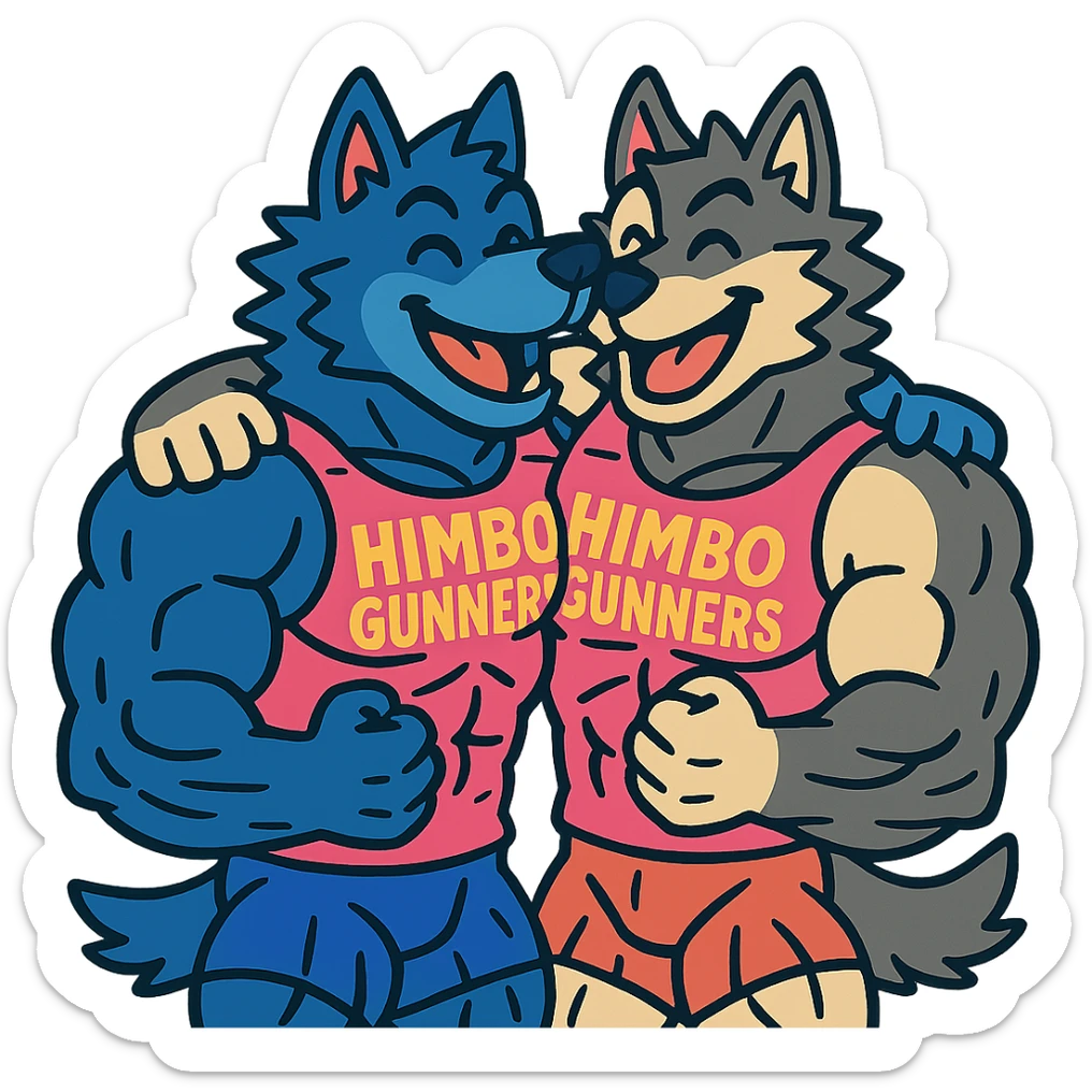 pair of ultra-muscular wolf furries wearing 'Himbo gunners' t-shirts, hugging, cheerful and energetic, very large and defined muscles sticker