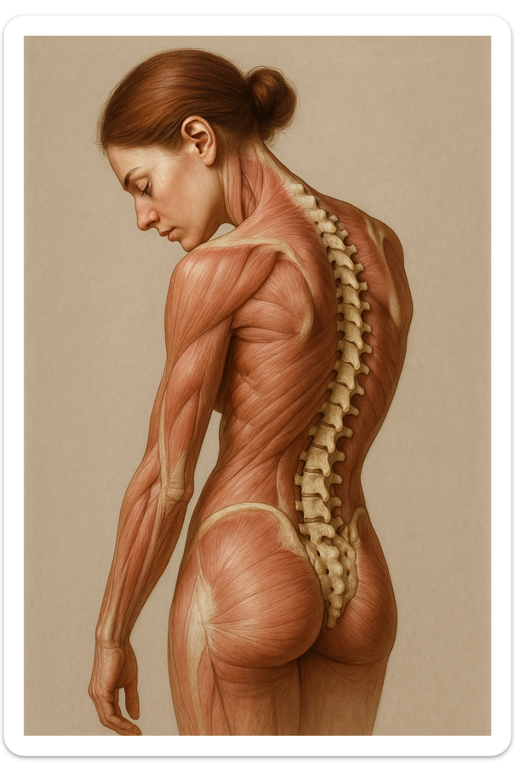 CORPO UMANO ANATOMICO di una donna di profilo con spalle chiuse e postura incurvata, spina dorsale in evidenza, IPERREALISTICO 4K sticker