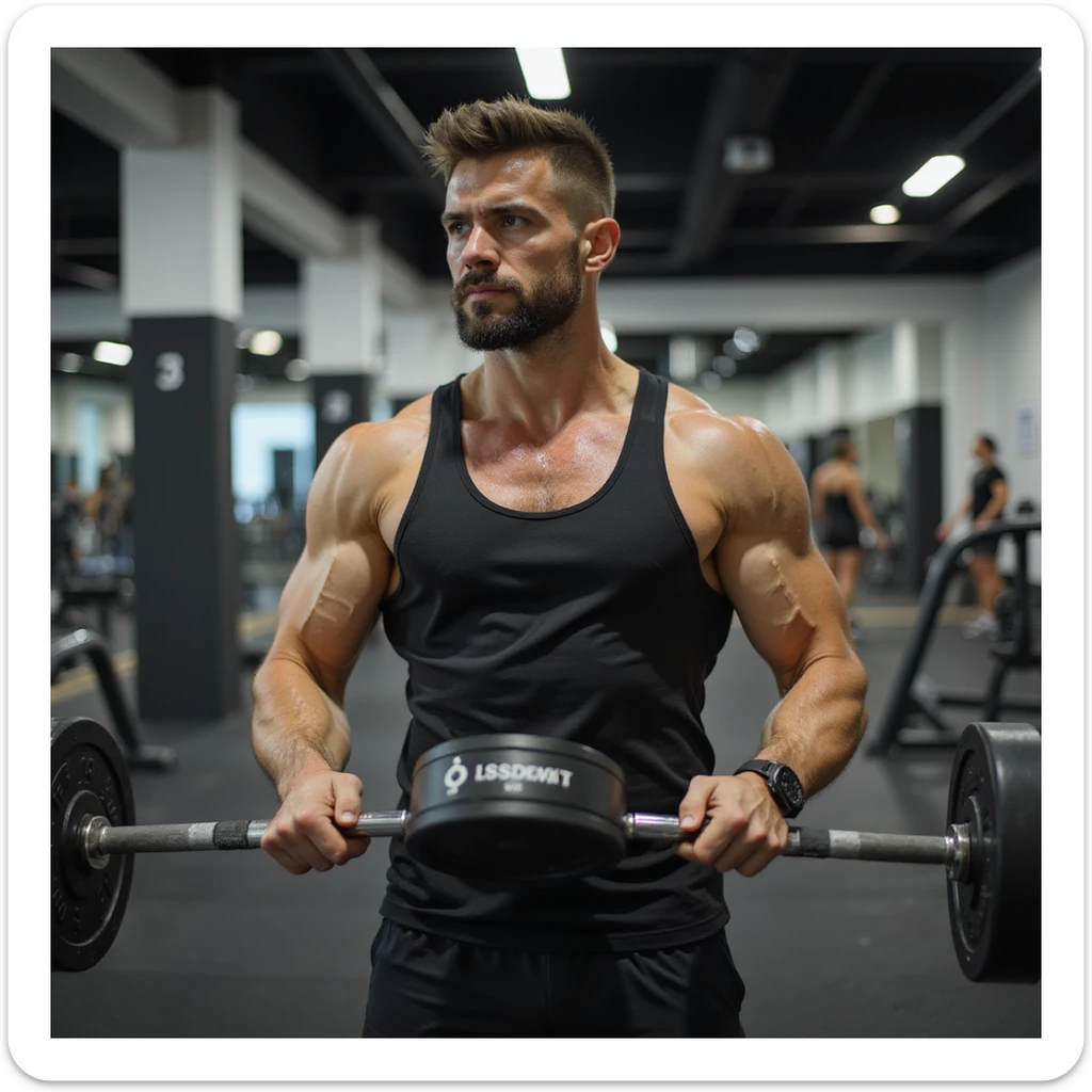 Uomo che si allena in palestra, esegue panca piana con bilanciere, abbigliamento sportivo, fisico atletico, atmosfera motivazionale, dettagli iperrealistici 4K, ambiente moderno da palestra. sticker