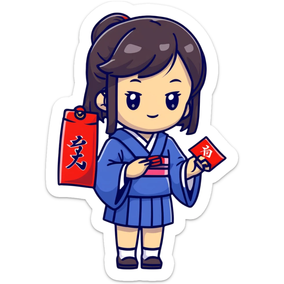 Cute Japanese high school girl buying omamori charm at shrine during school trip sticker