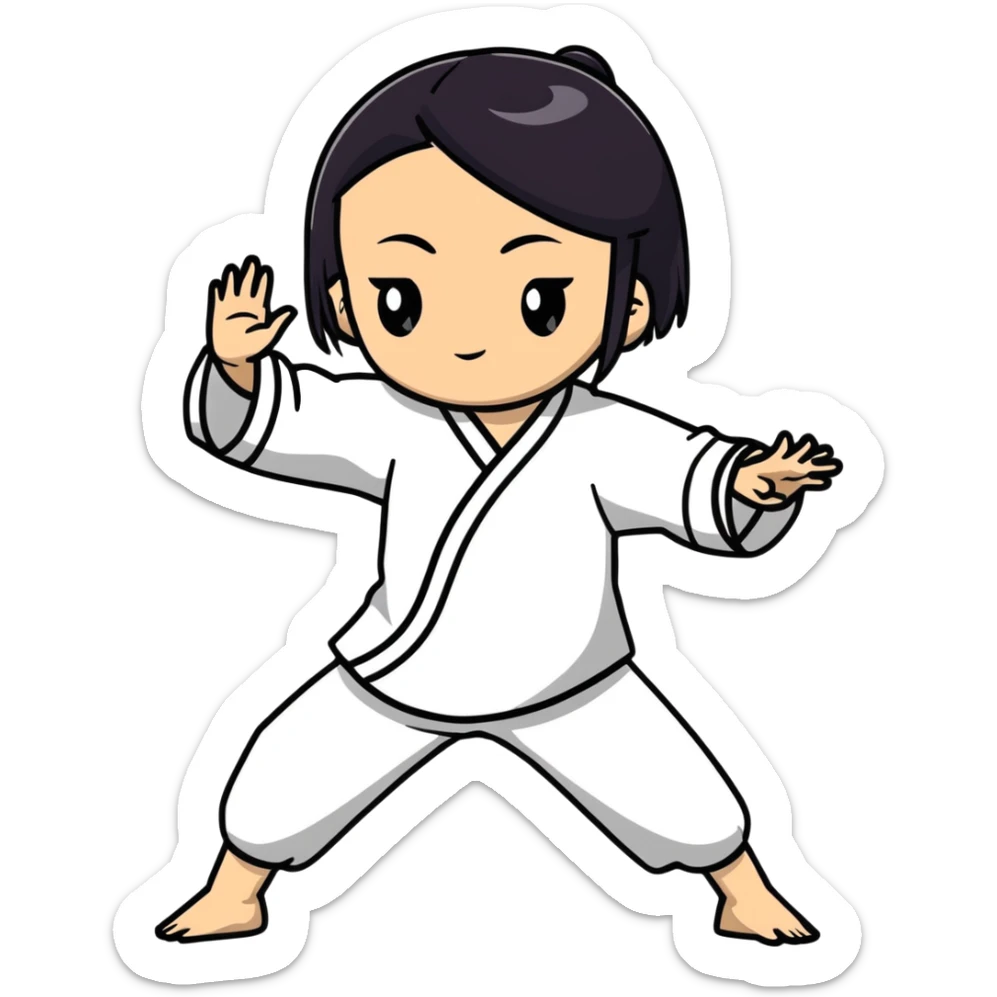 lightskin young girl with black straight hair and dark eyes, doing taichi, calm expression sticker