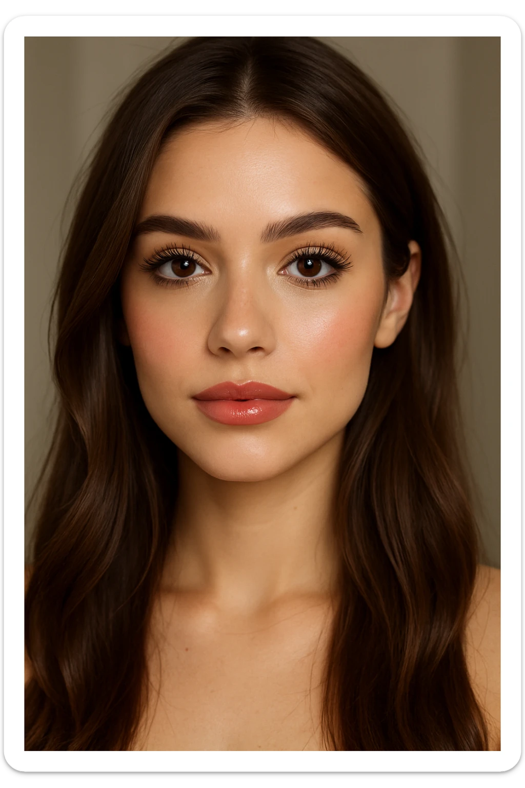 portrait of a pretty girl with long brown hair, long lashes, brown eyes, nude lip liner, highlighter, blush, and lip gloss, soft lighting, natural makeup look sticker
