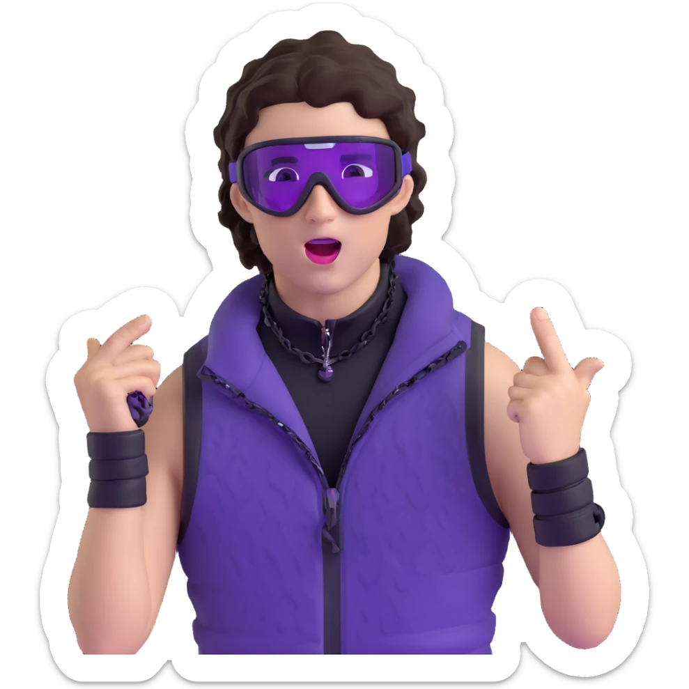 close-up of bad guy male athlete with white skin and moderately curly dark brown hair on top with shaved sides, wearing ski goggles with purple frames and very dark black lenses, a simple plain black chain necklace, and a completely unzipped sleeveless vest with purple and black sequin fire pattern design with no logo, pulling his tongue out very far in an exaggerated mocking gesture, looking menacing and villainous sticker