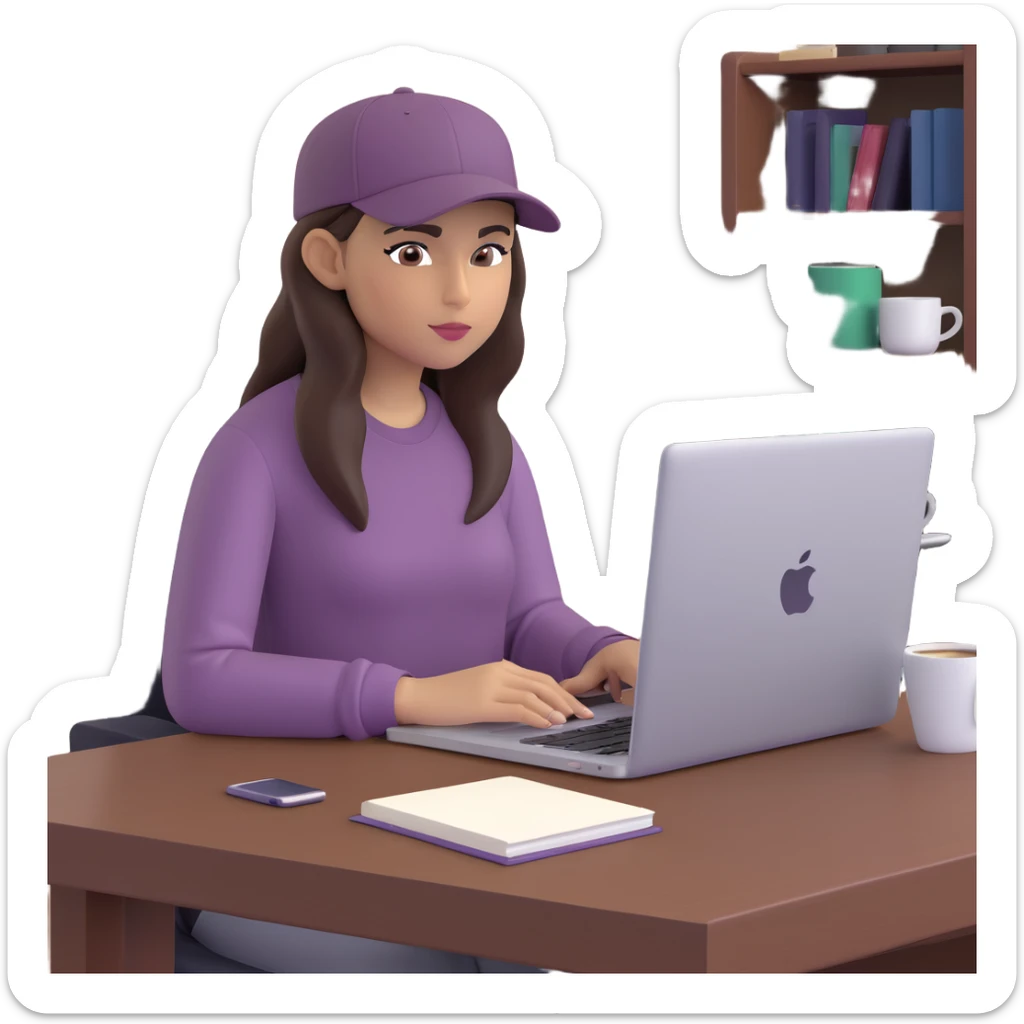 young woman with olive skin and long, dark brown hair, wearing a long-sleeved dark mauve shirt. She is wearing a black baseball cap.. She's sitting at a sleek wooden desk with a hardcover book, and to her right is a white coffee mug, while she looks and types on a silver MacBook.  sticker
