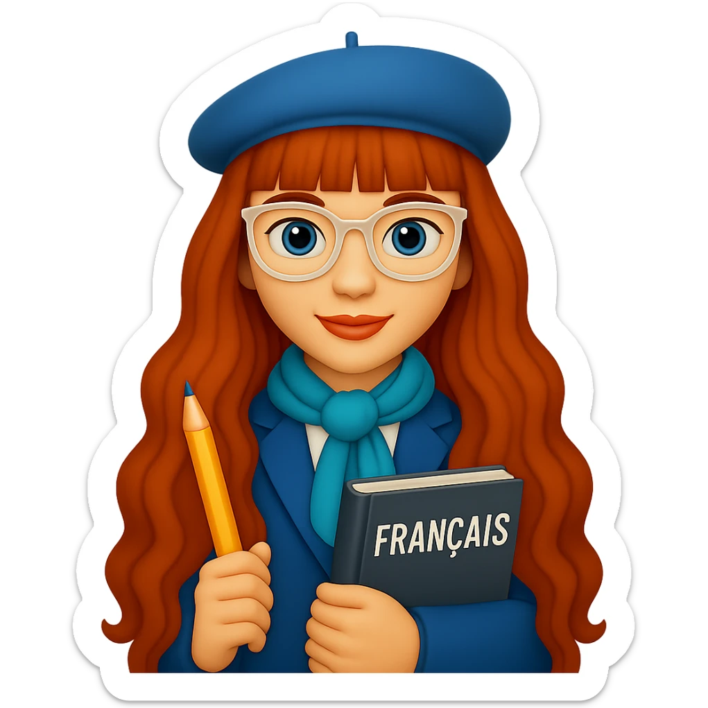 Add straight bangs to her hairstyle, keep her hair very long and wavy, clear-framed glasses, French teacher in a stylish outfit, holding a pencil and a French textbook. The style should resemble emoji style. Remove background. sticker