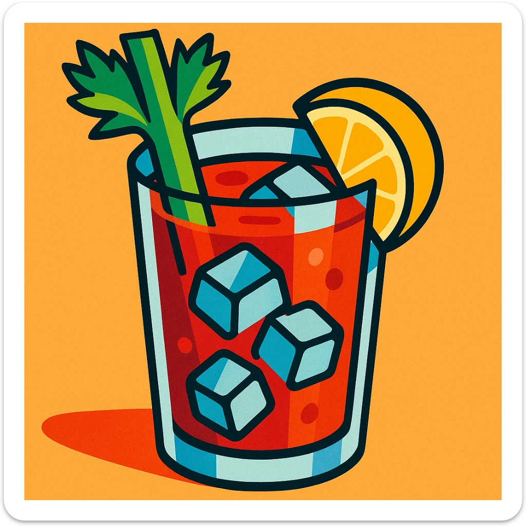 bloody mary cocktail with a celery stalk, vibrant colors, clear glass, visible ice, lemon wedge garnish sticker