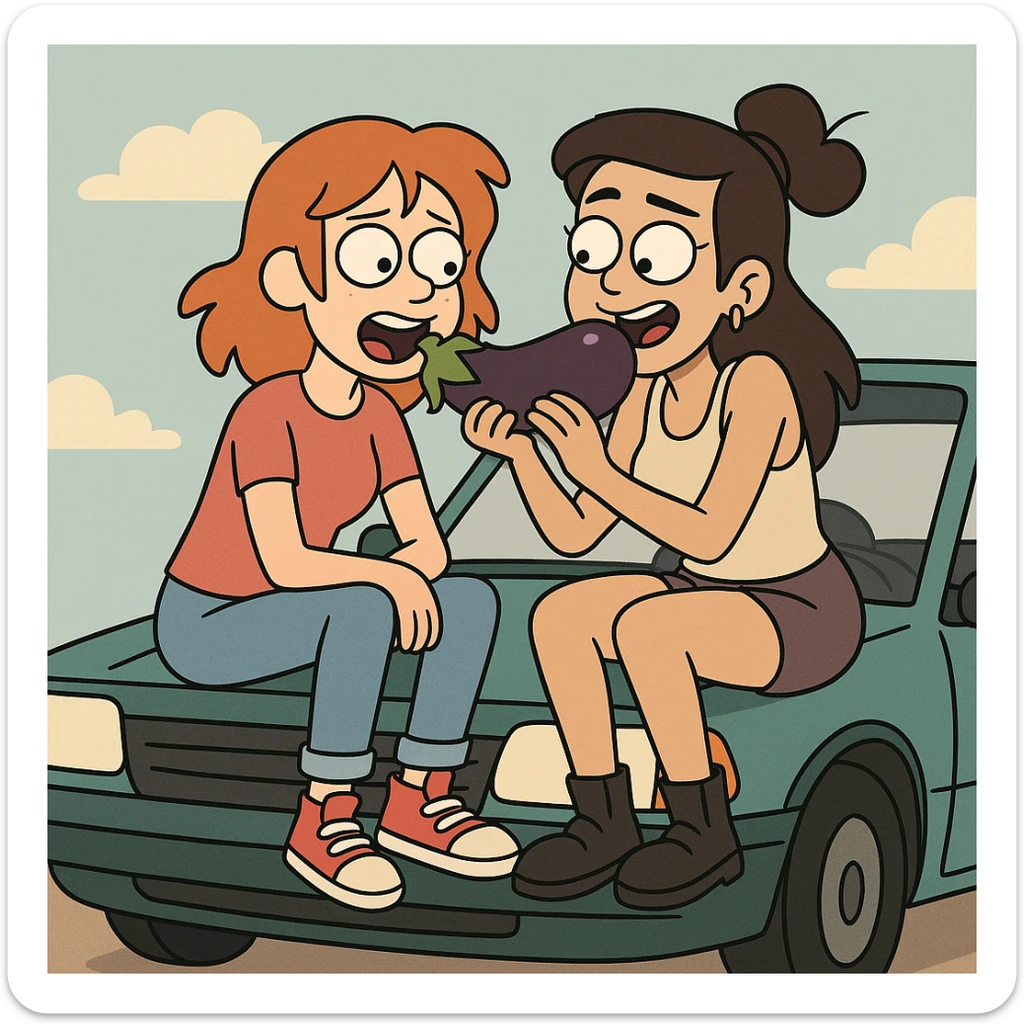 two girls eating an aubergine on the hood of a car, cartoon style sticker
