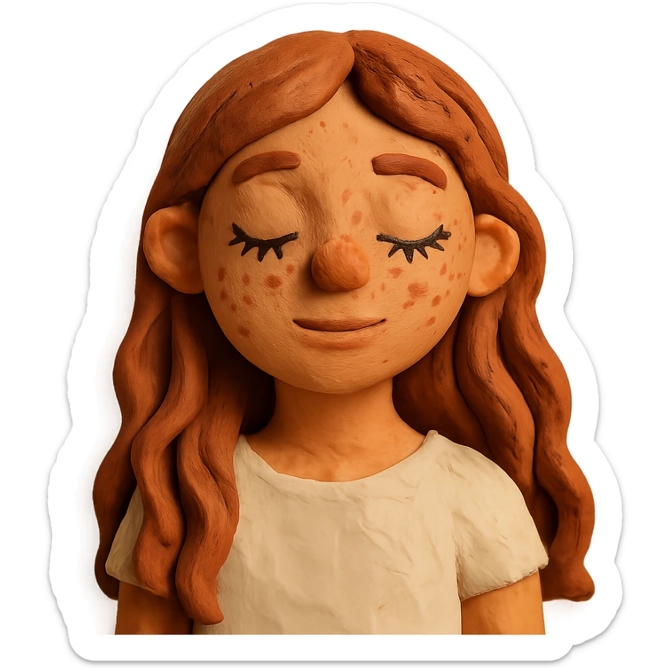 adolescent girl with long wavy hair, freckles, long eyelashes, white top sticker