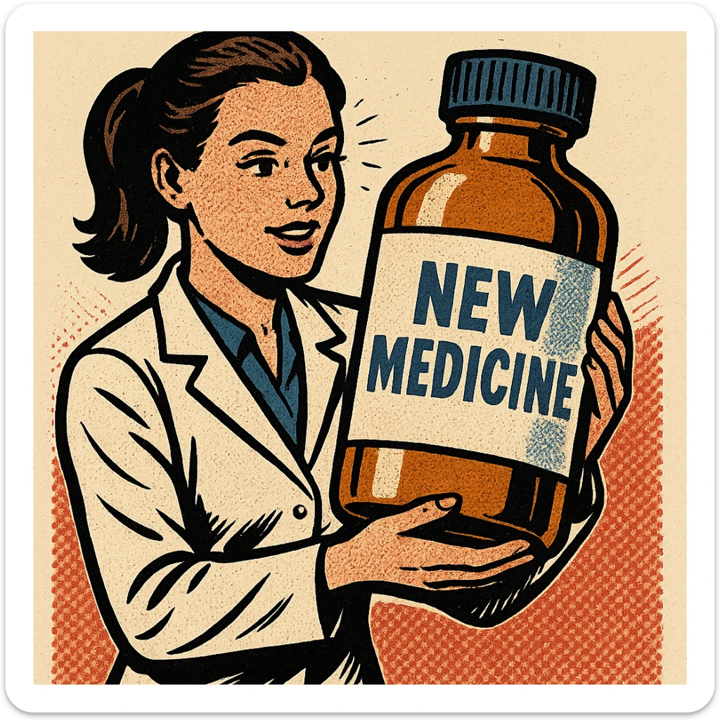 A modern day female scientist holding a large medicine bottle which is labelled 'New Medicine' sticker