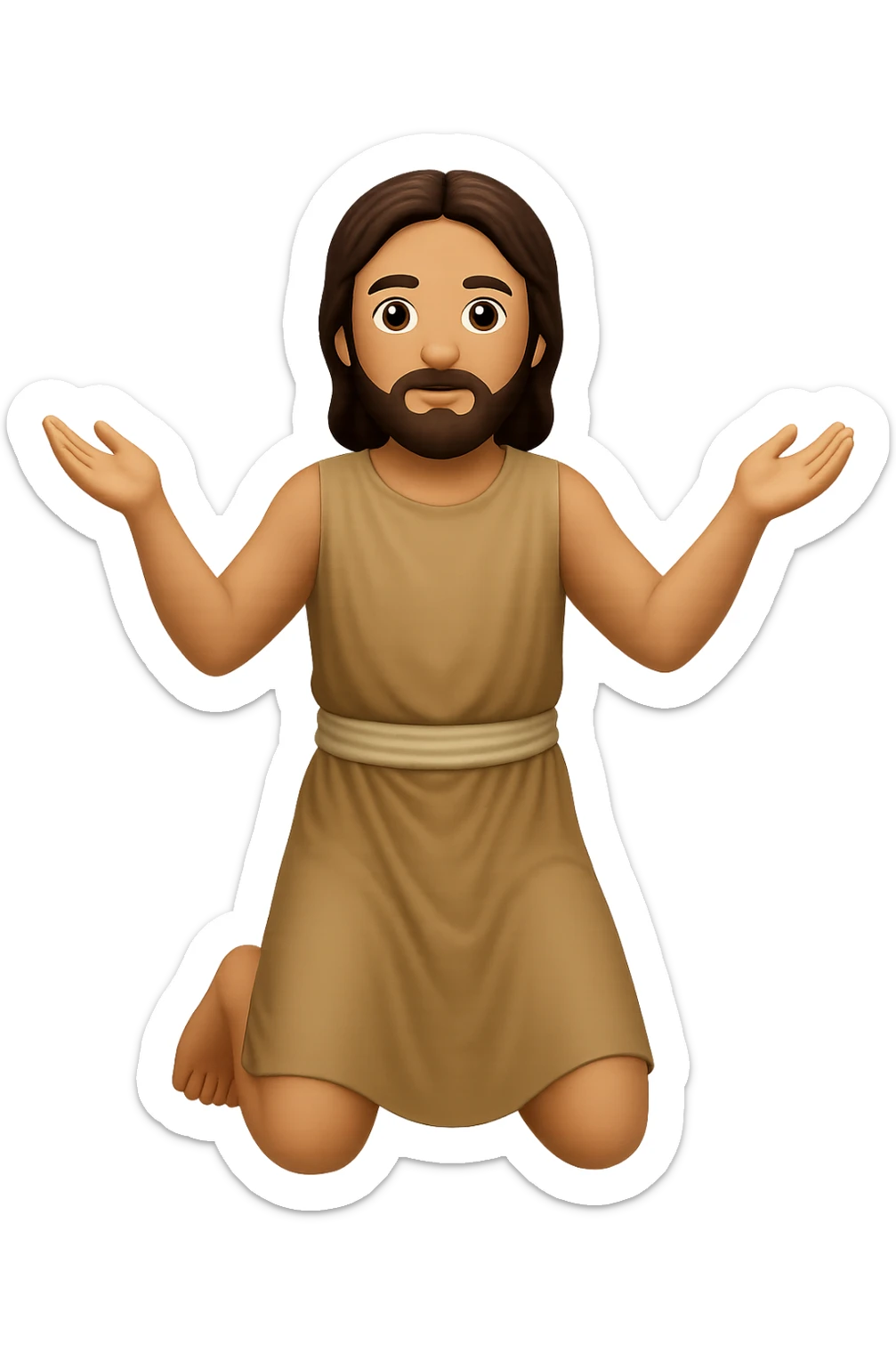 Remake this emoji in apple emoji style with brown hair and no silver handbands, fullbody apostle kneeling pose, new variation 6. Maintain the apple emoji style look and details. sticker