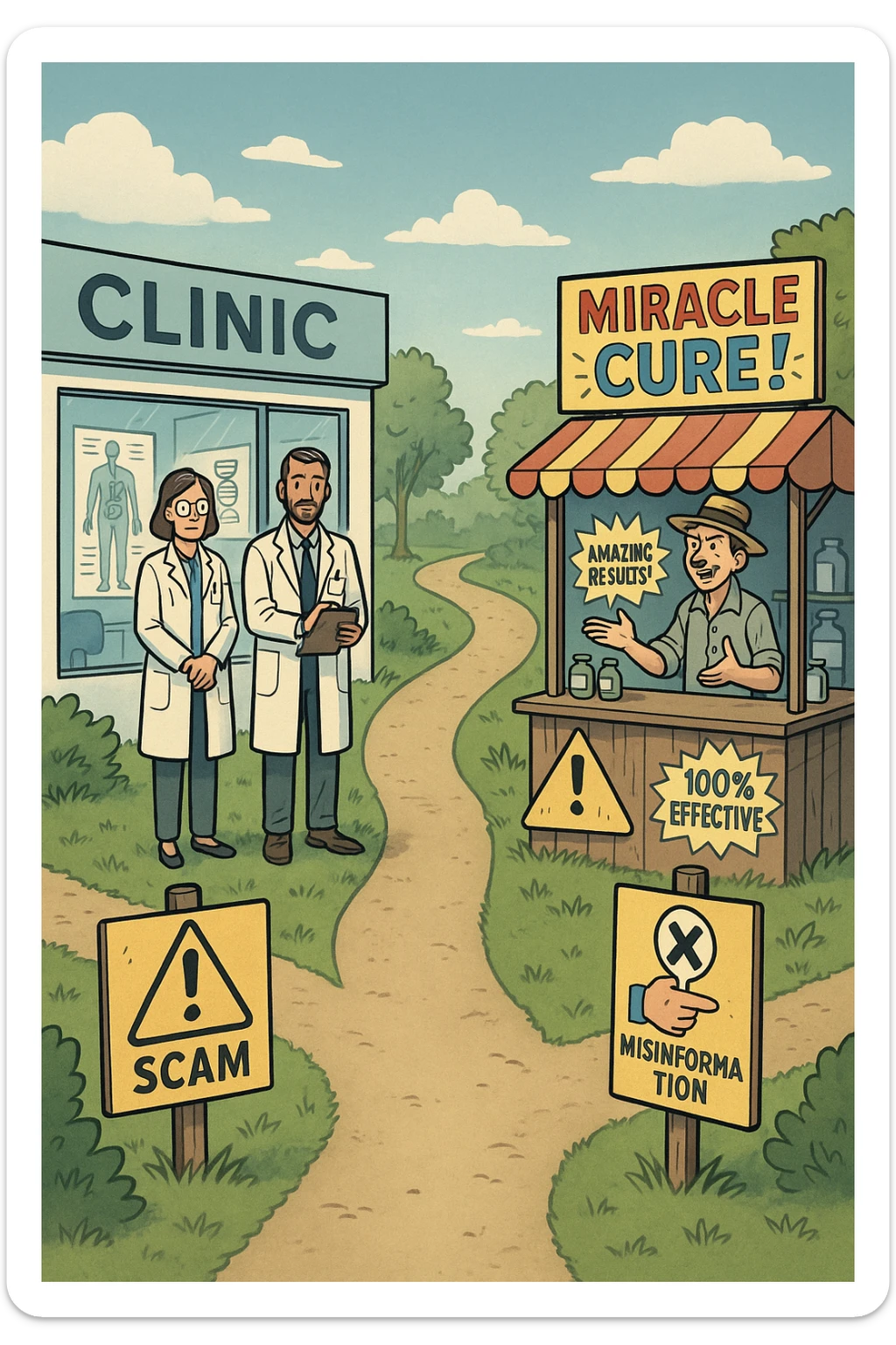 two paths diverge—one leads to a trustworthy clinic with doctors and scientific posters, the other to a shady stand selling “miracle” medicines with exaggerated claims. Signs along the second path warn of scams and misinformation. The scene encourages viewers to choose reliable, science-based healthcare. sticker