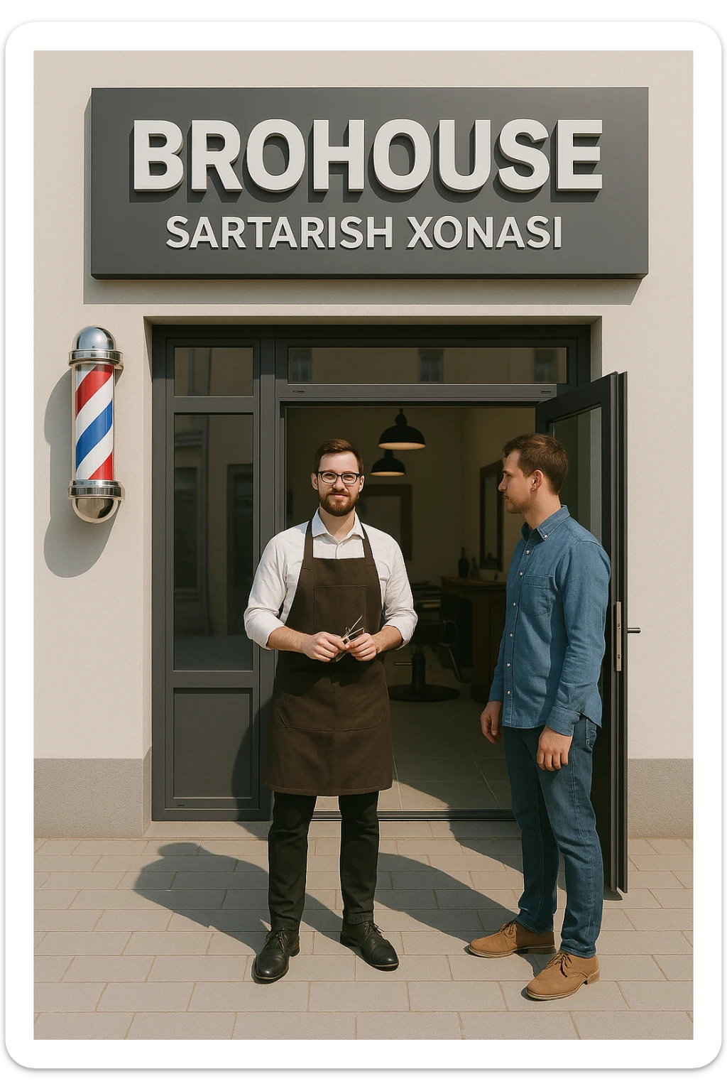 eni shu rasimga boyagi sartaosh oka eshik oldida tursin va tashqarida esa mijoz sticker