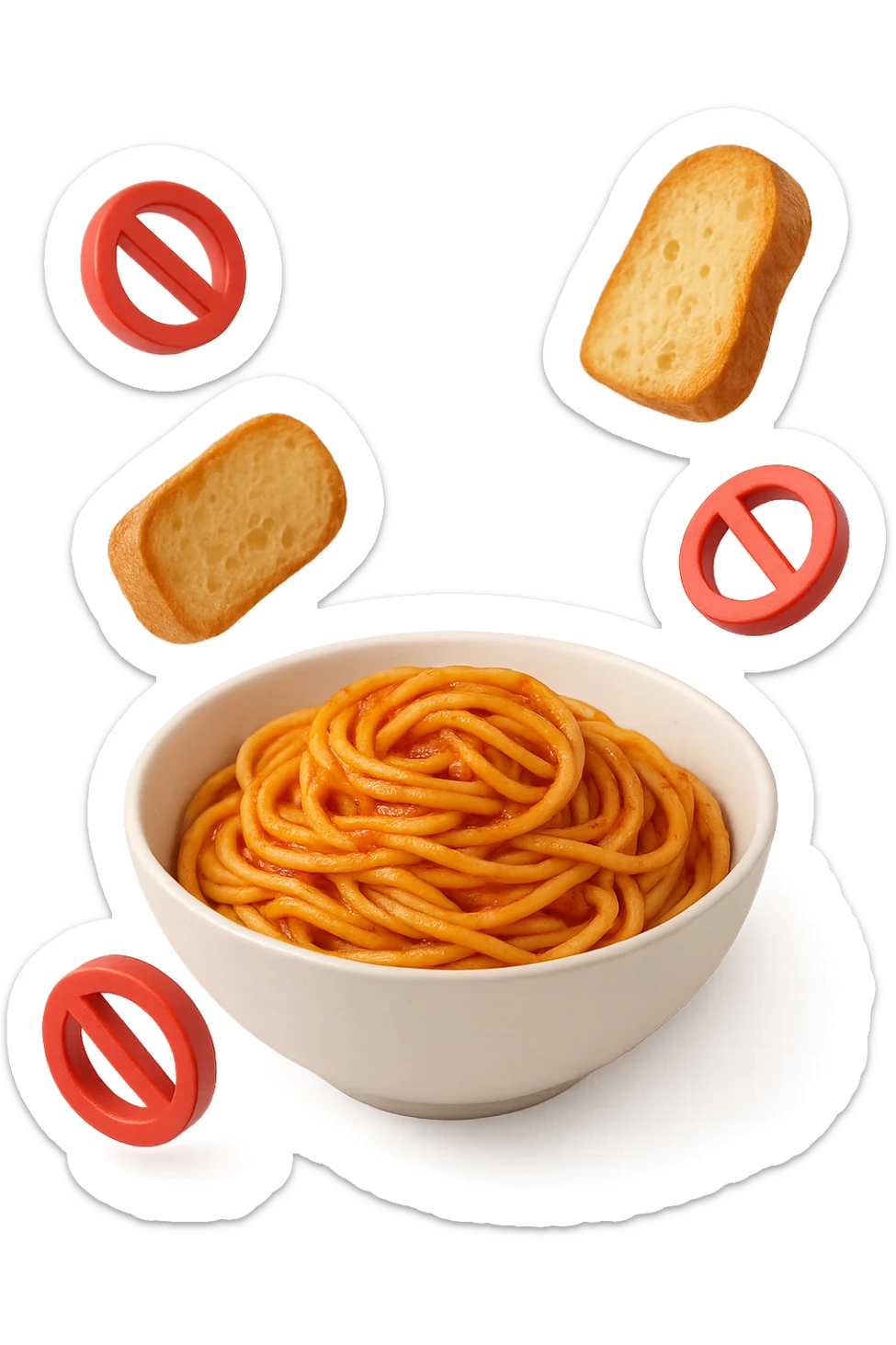 bowl di pasta e fettine di pane che fluttuano in aria con piccoli divieti 3d, sfondo bianco, iperrealistico 4k sticker