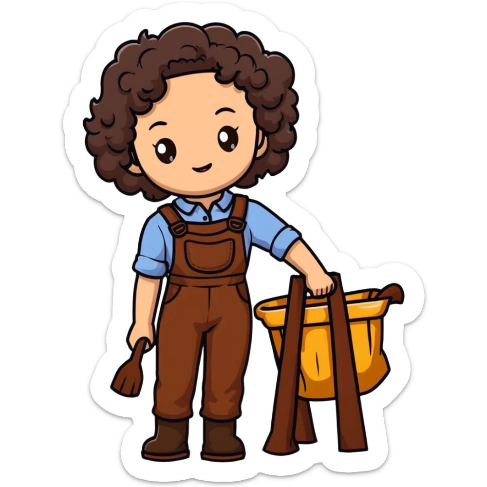 white girl with dark brown curly hair, brown eyes, wearing farm clothes sticker