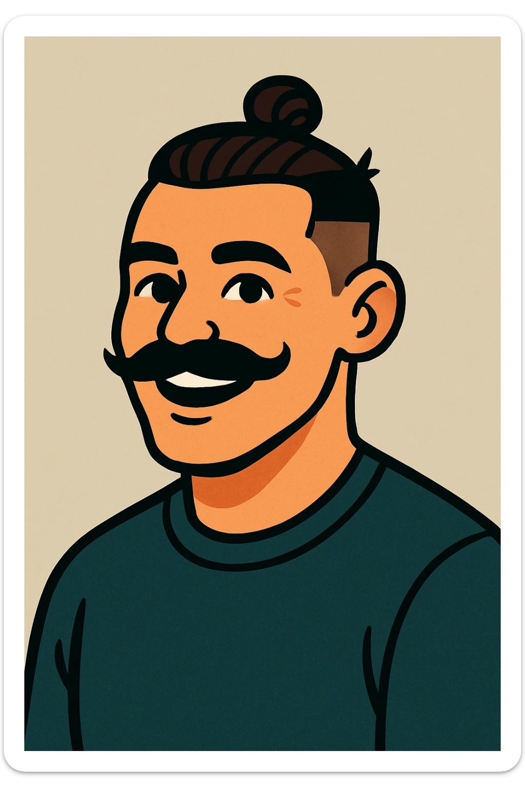 A vibrant cartoon style illustration of a guy with a moustache and a man bun, low taper fade haircut, smiling, neutral background. sticker