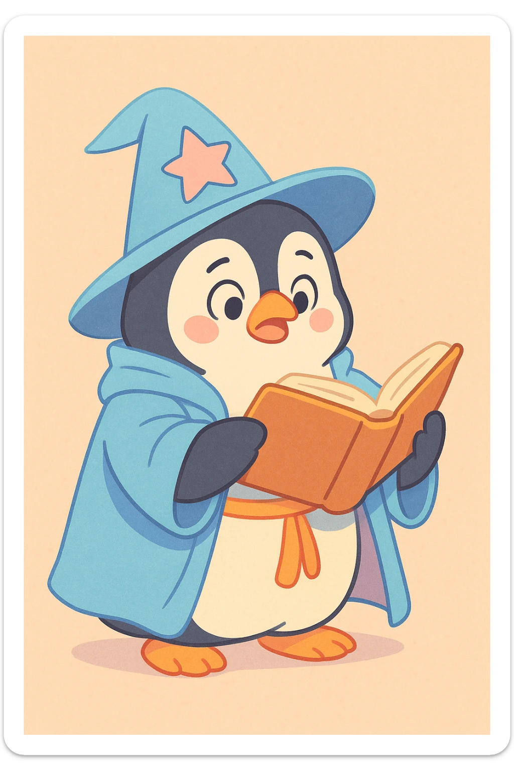 chubby penguin in wizard robes, holding an open spellbook, soft pastel style sticker