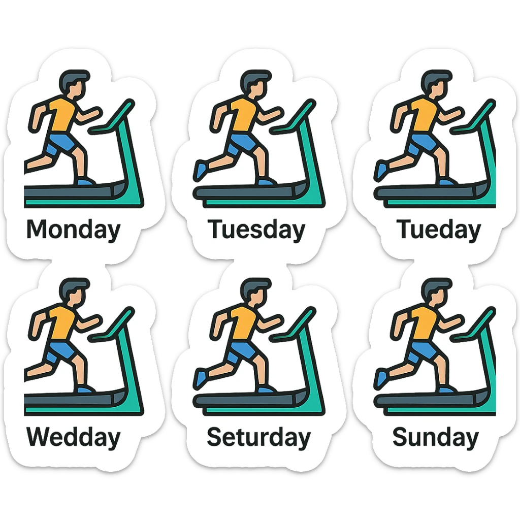 A picture is into seven parts showing a sportsman runnig on the treadmill. In each little picture there is a name of the days of the week, from monday to sunday sticker