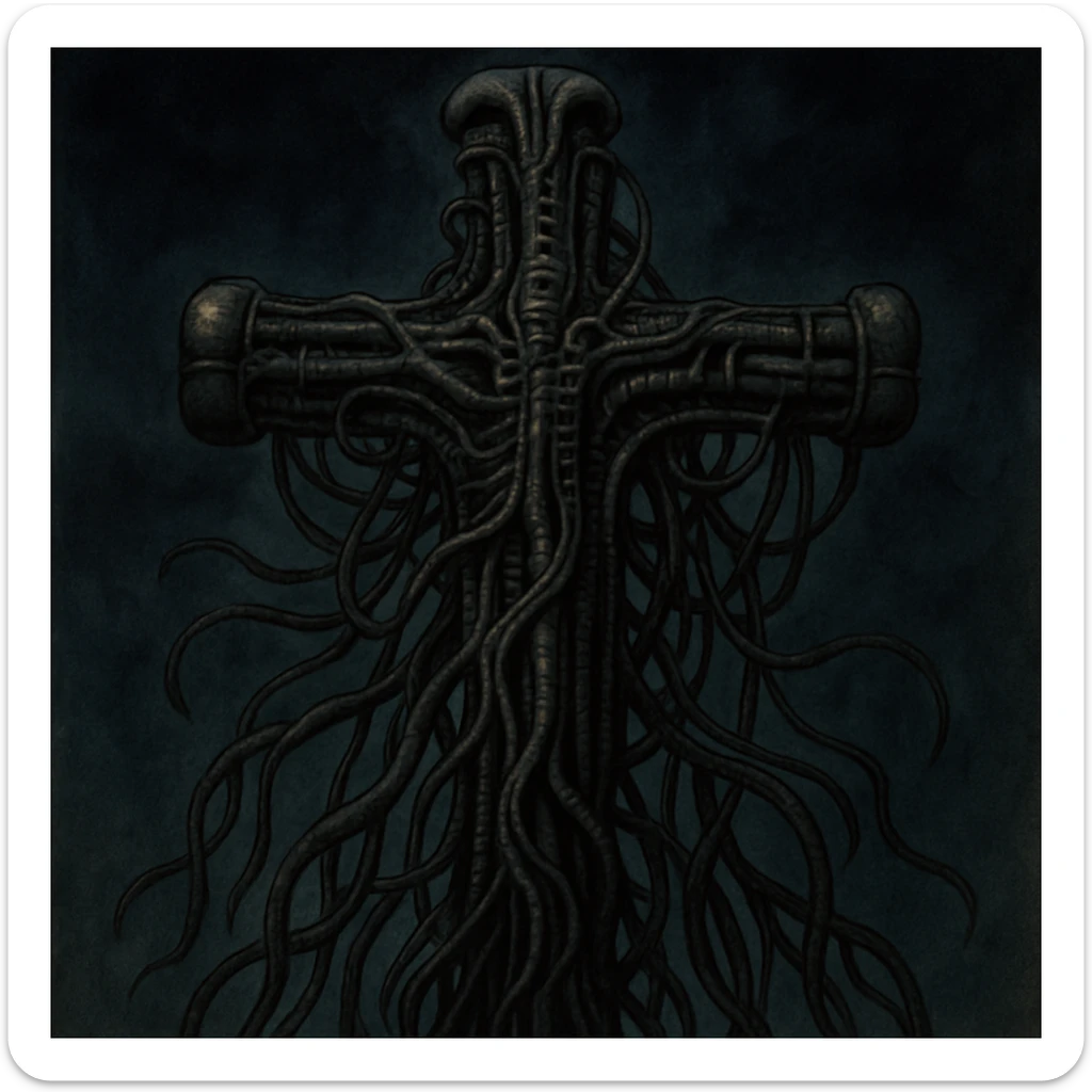 a cross in the style of H.R. Giger, with organic biomechanical wires and cables, dark and surreal sticker