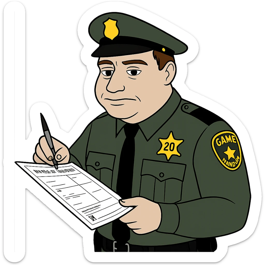Make the game warden a white male with brown hair, writing a ticket for a wildlife law infraction, no background, keep the bufo frog meme style look. sticker