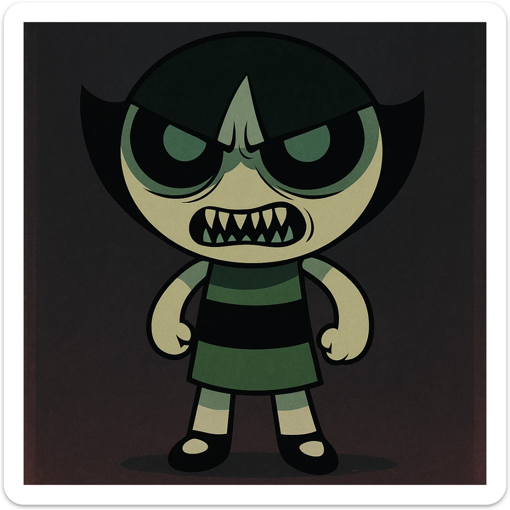 Full body cartoon style of Buttercup from Powerpuff Girls with a scarier and more intimidating face, keeping her signature green dress and short hair, using dark and eerie colors for the rest of the image. sticker