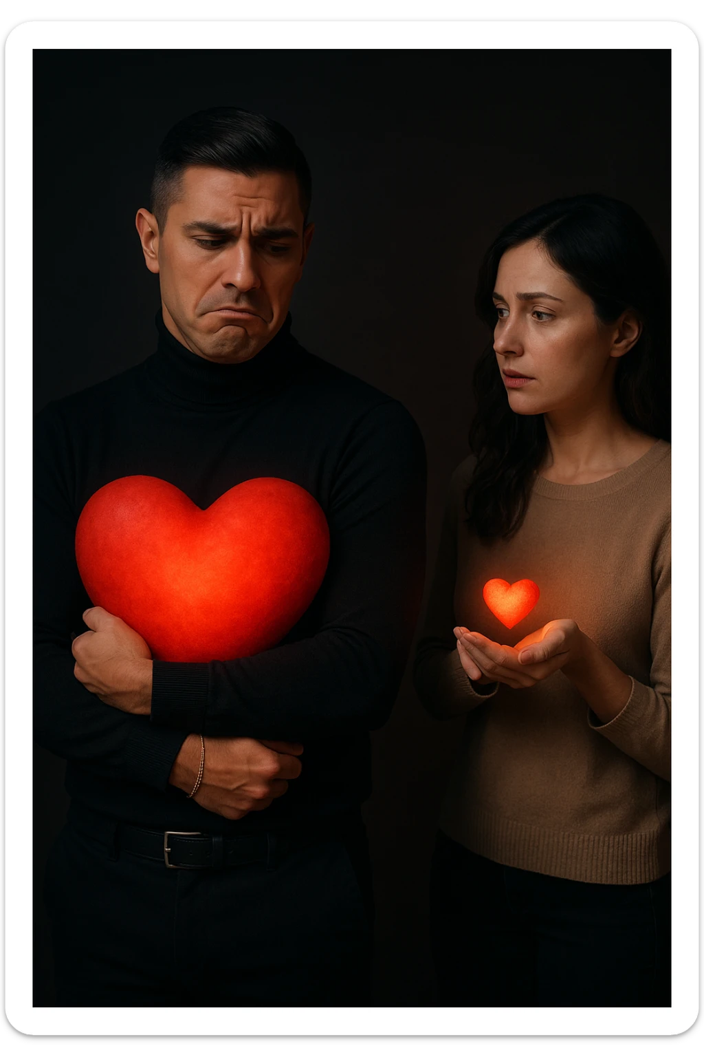 an Italian man in his 30s with olive skin and dark hair stands apart from a woman who offre un piccolo cuore luminoso tra le mani. Lui guarda il cuore con un’espressione triste e insoddisfatta, tenendo tra le braccia un cuore molto più grande e brillante, mentre la distanza tra loro è accentuata da luci soffuse e ombre. sticker