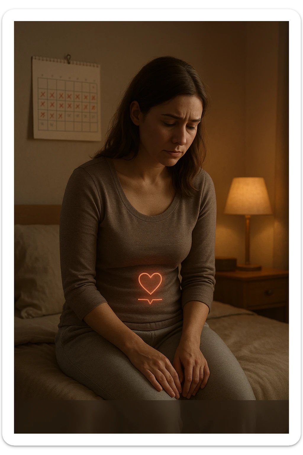 3D realistic medical illustration: a young woman in her 20s or 30s sits on the edge of a bed in a softly lit bedroom, looking thoughtful and slightly concerned. She wears comfortable loungewear, her posture is slouched, and her expression is subdued. Subtle visual cues—such as a faded calendar with missed menstrual cycles and a dimmed heart or energy icon near her abdomen—symbolize low libido and amenorrhea. The scene is realistic, intimate, and empathetic. sticker