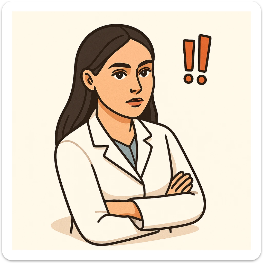 Edit the image to depict a female doctor with dark long straight hair and detailed brown eyes (not just dots). She wears a white coat. The style is 2D isometric with a minimalist background. She looks straight at the camera with a serious but not strict expression, conveying importance as if her gaze communicates something important. Include two exclamation marks nearby. sticker